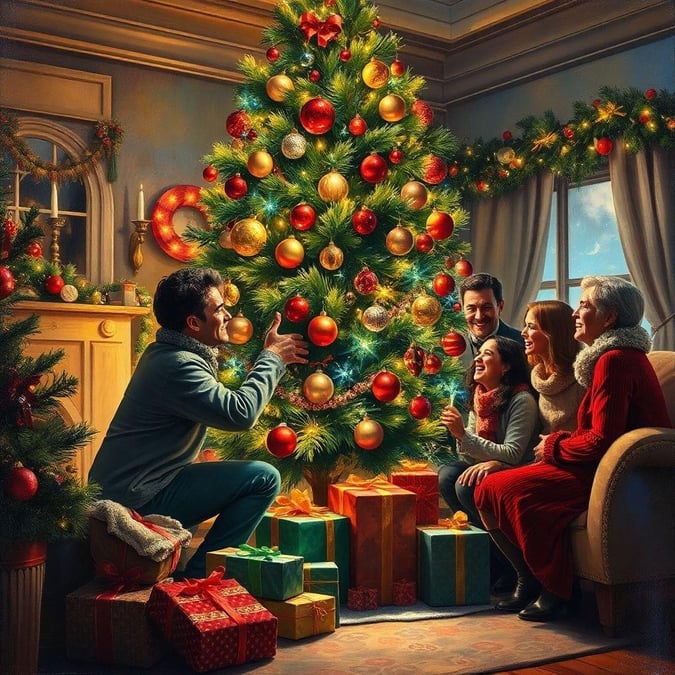 A family gathered around a beautifully decorated Christmas tree, unwrapping gifts and enjoying the festive season. The warmth of holiday cheer fills the room as they share in the happiness of the occasion.