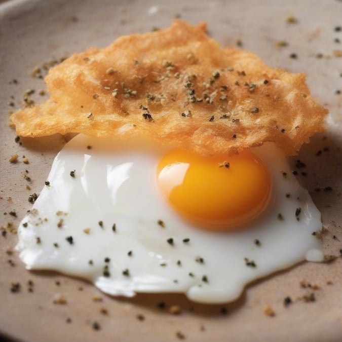 Enjoy a classic, hearty breakfast with a fried egg on top of a crispy, seasoned potato pancake. The savory combination of eggs and herbs creates a mouthwatering meal.