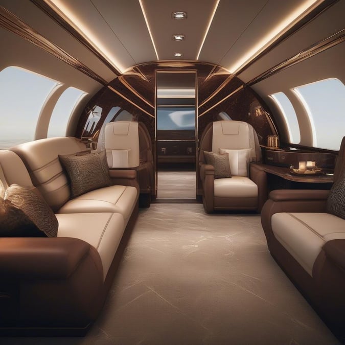 Step into the world of luxury travel with this spacious and stylish private jet interior. Enjoy a comfortable flight in plush leather seating, complete with storage for your belongings.