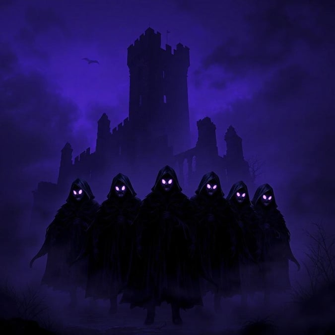 This image captures the eerie mystique of an animated fantasy scene, with five dark characters standing before a castle at midnight. The purple hues lend an otherworldly ambiance to this thrilling tableau.