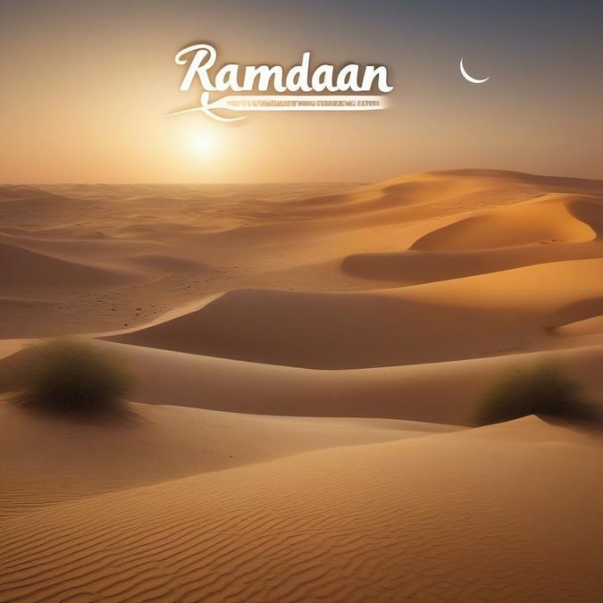 A serene view of the desert during Ramadan, with the sun setting over sand dunes.