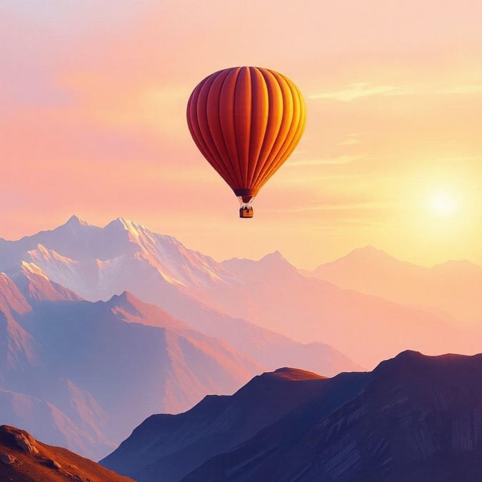 Soar above the stunning mountain peaks on a picturesque balloon ride, capturing the breathtaking view below.