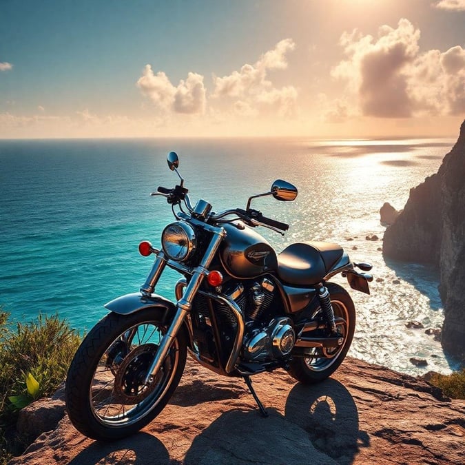 A serene beach setting with a motorcycle ready for adventure.