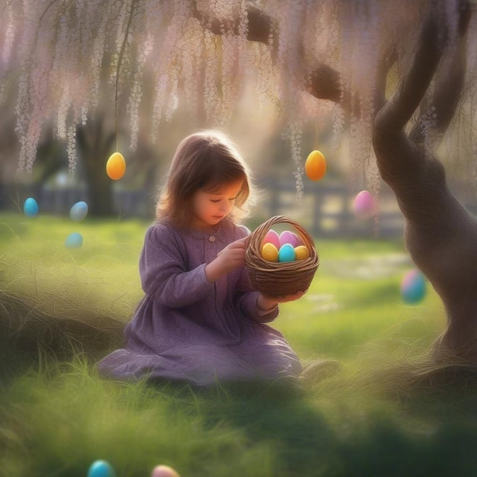 This beautiful wallpaper captures the essence of Easter, a time for renewal and celebration. The image features a young girl surrounded by colorful eggs, symbolizing new life and hope. The soft, pastel colors and delicate details create a sense of serenity and wonder, making it a perfect addition to your desktop or mobile device.