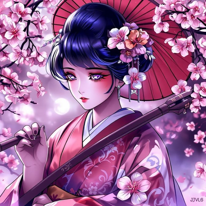 En lugn animeillustration av en geisha, elegant klädd i traditionell japansk dräkt, omgiven av körsbärsblommornas lugna skönhet. Geishan är prydd med delikata blomsterarrangemang och livfulla huvudbonader, som symboliserar fusionen av naturens charm och kulturell förfining.