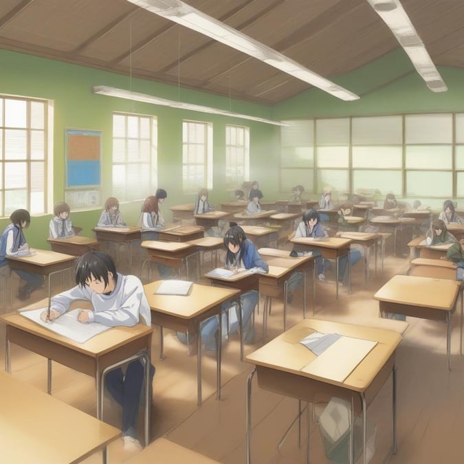 A lively scene from an anime high school classroom bathed in natural sunlight.