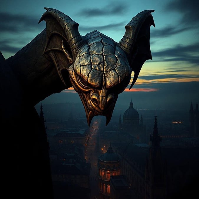 A fantastical dragon's head looms over a city skyline, creating a sense of tension and conflict between the two.