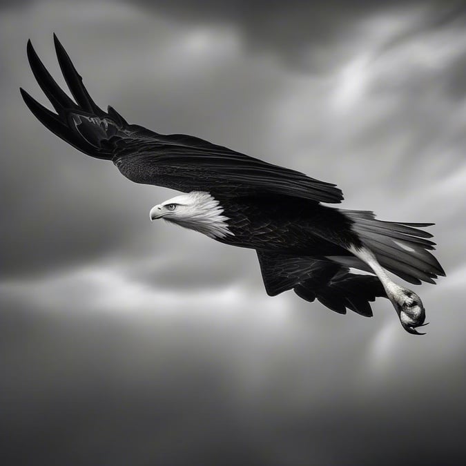 This stunning black and white wallpaper features an eagle soaring through the sky, its wings spread wide in majestic flight. The image captures the beauty and power of nature, making it a perfect addition to any desktop or mobile device.