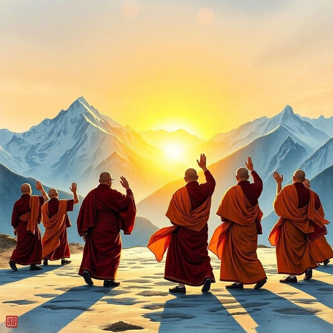 This serene wallpaper features monks in the mountains, capturing the essence of cultural and traditional themes.