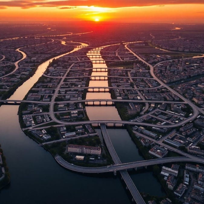 An aerial view of the city at dusk, with the river flowing through it. The sun is setting over the horizon, casting a warm glow on the buildings and roads. The city skyline blends into the natural landscape, creating a beautiful urban-rural transition.