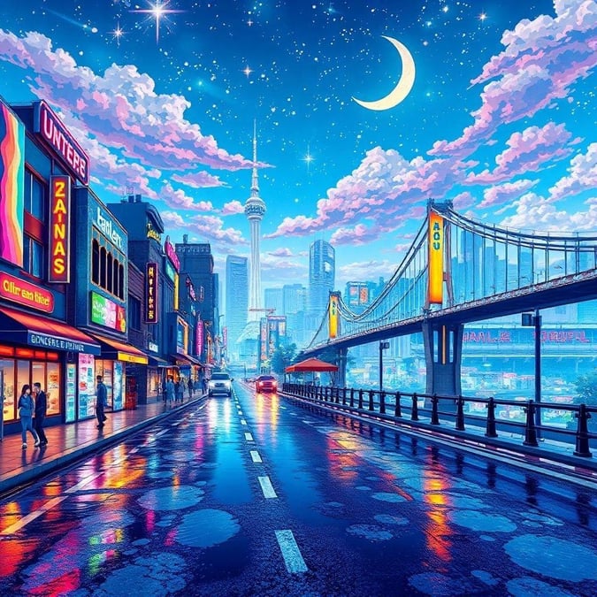 Immerse yourself in the vibrant world of anime with this stunning cityscape wallpaper. The bustling street, lined with colorful buildings, comes to life under the neon lights, while the background showcases a towering skyscraper and a brightly lit bridge. The scene is set against a large, colorful sky filled with stars and a crescent moon, creating a truly captivating and animated atmosphere.