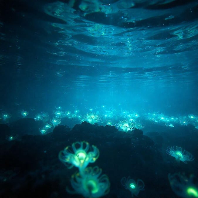 Dive into a mesmerizing realm where bioluminescence illuminates the night. Tiny creatures light up the ocean depths, offering a glimpse of life beneath the waves.