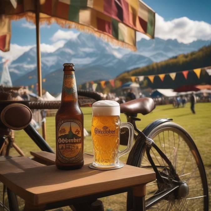 A festive scene with refreshing beer and bike, set against the backdrop of a lively Oktoberfest celebration.