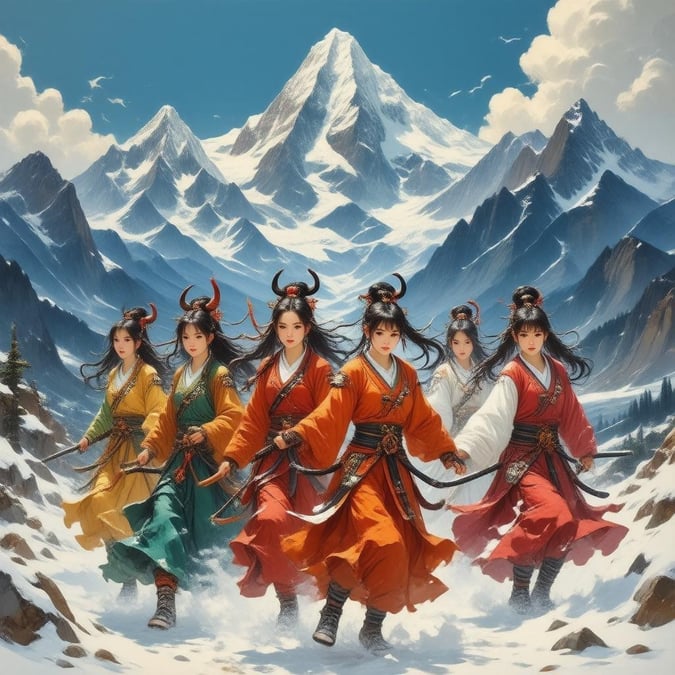 This captivating wallpaper features a group of mythical Oni warriors in vibrant colors, set against the stunning backdrop of a snowy mountain range. The detailed illustration showcases the warriors' powerful poses and colorful clothing, creating an immersive and dynamic scene.