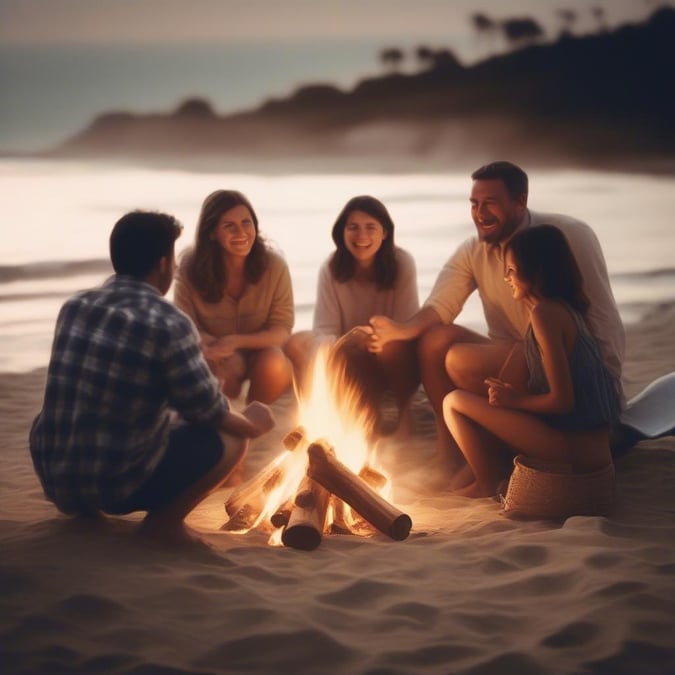 A group of friends spending quality time together, celebrating Independence Day with a beach bonfire. The warm glow from the fire contrasts beautifully against the setting sun on this perfect evening. A joyful gathering that symbolizes friendship and national pride.