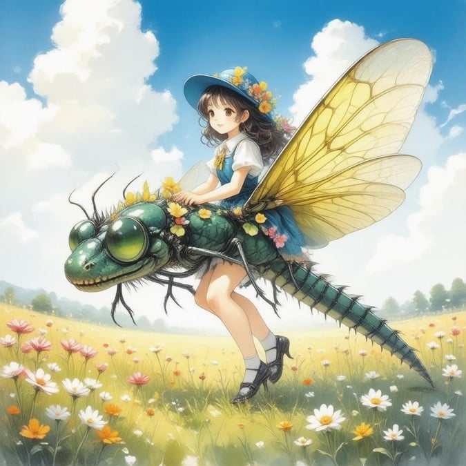 A delightful scene of a young girl immersed in nature's wonderland. She is riding on the back of a majestic dragonfly, which stands out with its vibrant blue wings and yellow body. The field around them is abloom with wildflowers, painting a colorful backdrop for this charming adventure. Her blue hat matches her companion's wings and adds to the cheerfulness of the image. Above, the sky is a clear bright blue, dotted with fluffy white clouds, completing the idyllic atmosphere.