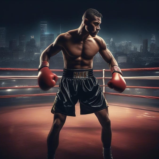 A professional boxer stands in the ring, ready for action. His intense gaze indicates he's focused on the challenge ahead.