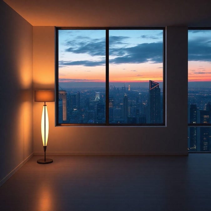 Relaxing evening view from a high-rise window overlooking the city skyline at sunset.