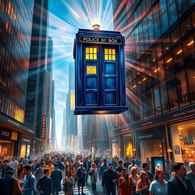 A lively city street at night with people walking and a large TARDIS, the iconic blue box from 'Doctor Who', floating above them.