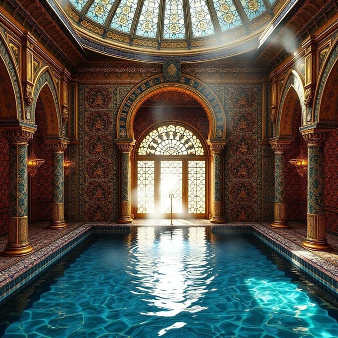 Stepping through the doorway of this historic bathhouse, one would find themselves in a sunlit atrium, the heart of an architectural marvel. The intricate mosaics and stained glass windows speak to the craftsmanship of generations past, while the tranquil pool invites bathers for a soothing dip. A serene escape from daily life within these ancient walls.