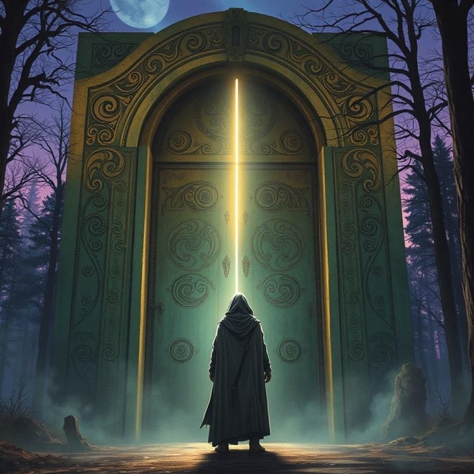 A lone figure stands before an ancient door, the path ahead shrouded in mystery and magic.