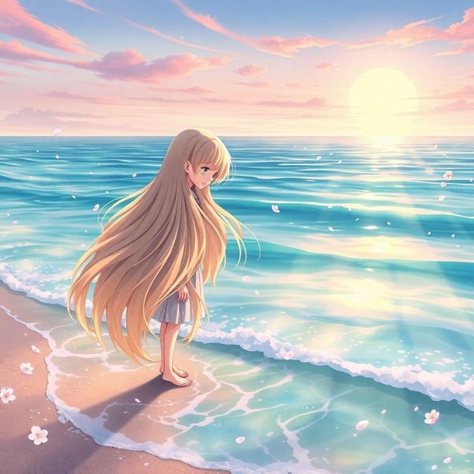 This anime illustration captures a serene moment of a young girl standing on the shore of a tranquil ocean, her hair a cascade of light. The image is awash with soft hues of blue and green, with a dreamy, animated theme.