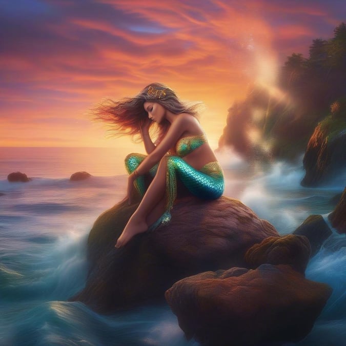 A mermaid serenely sits on a rocky outcropping, watching the sunset. A fantastical character, perfect for desktop and mobile wallpapers.