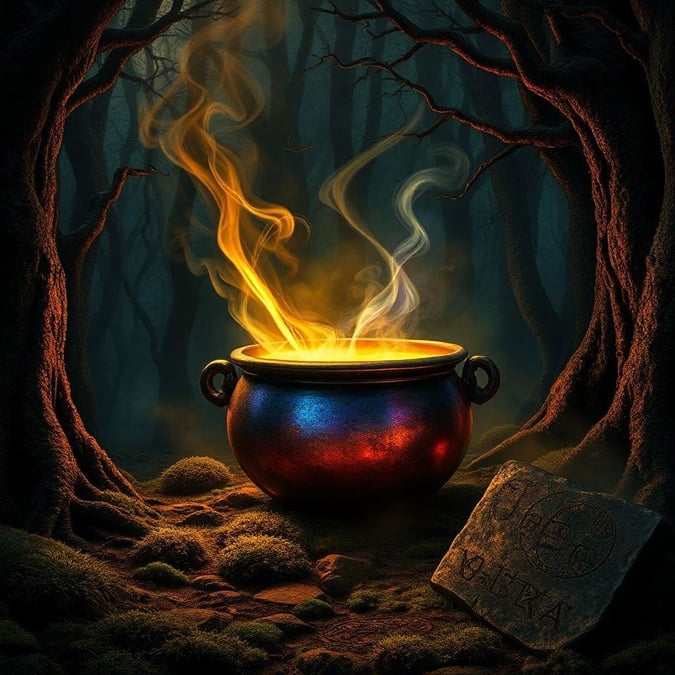 This Halloween-themed wallpaper features a wizard's cauldron with smoke billowing out, set in a mystical forest scene. It's perfect for your desktop or mobile device to bring a touch of spooky magic to any screen.