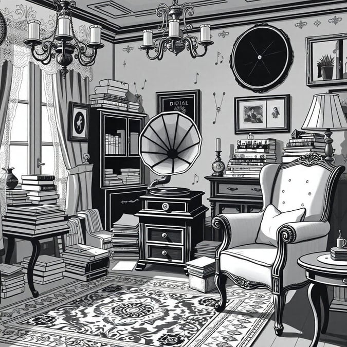 This black and white wallpaper features a vintage study room with a gramophone, books, and a comfortable chair. The image has a classic and timeless feel, making it perfect for those who appreciate the beauty of simplicity.