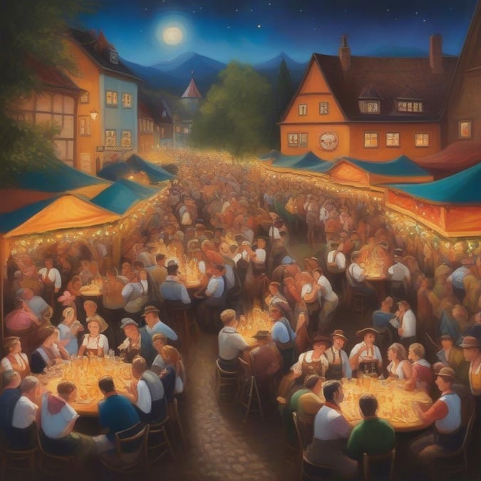 A bustling night at Oktoberfest, the famous German festival, with crowds enjoying the festivities around beer halls and traditional food stalls under starlit skies.