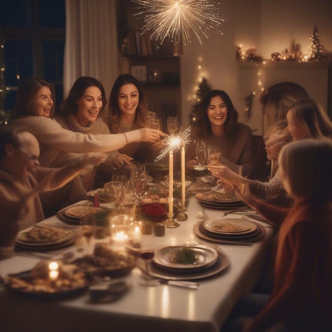 A group of people come together to celebrate the start of a new year, surrounded by festive decorations and a warm atmosphere.