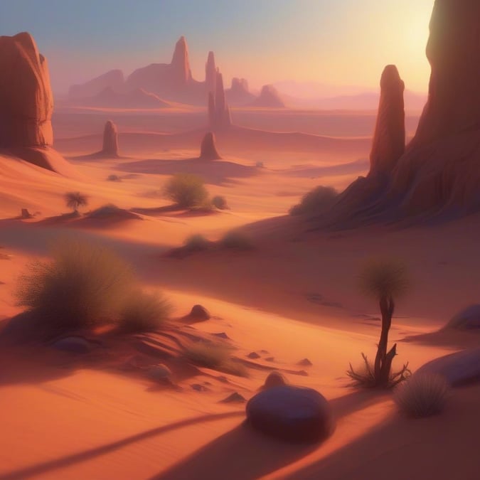 A stunning desert scene at sunset, with towering sandstone spires reaching towards the sky.