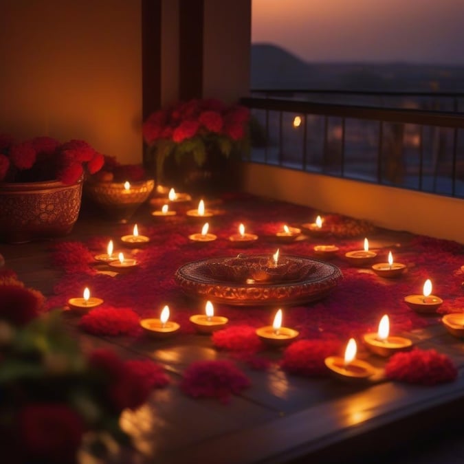 This beautiful wallpaper captures the essence of Diwali, the festival of lights, with a stunning display of diyas and flowers.