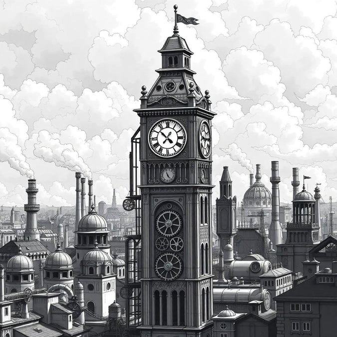 A classic London scene in monochrome, featuring the iconic Big Ben clock tower overlooking a bustling city skyline.