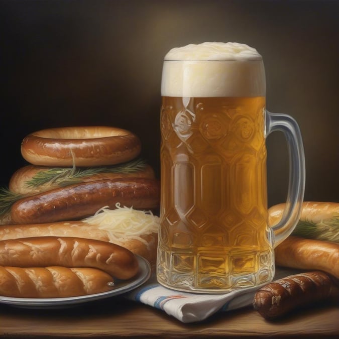 An Oktoberfest celebration with a frothy mug of lager, plates of sausages, pretzels, and cheese, inviting you to partake in the hearty feast.