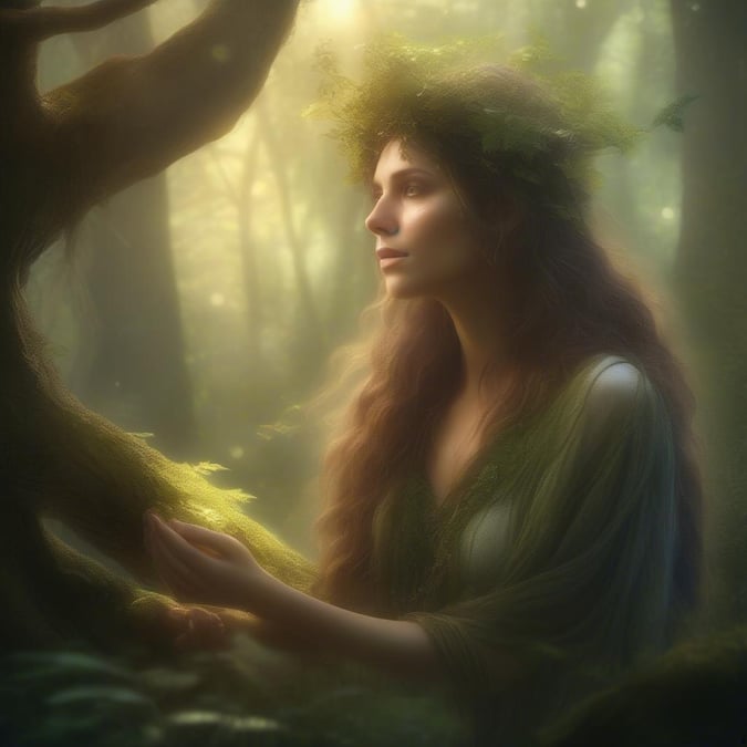 A serene fantasy scene featuring a woman adorned with nature, deep in the enchanted woods.