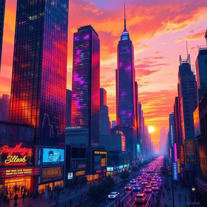 This stunning image captures the vibrant energy of Manhattan's skyline at sunset. The towering skyscrapers stand tall against the backdrop of a fiery sky, with hues of orange, pink, and purple painting the clouds. The bustling streets below are filled with people going about their daily lives, adding to the dynamic atmosphere of the city.