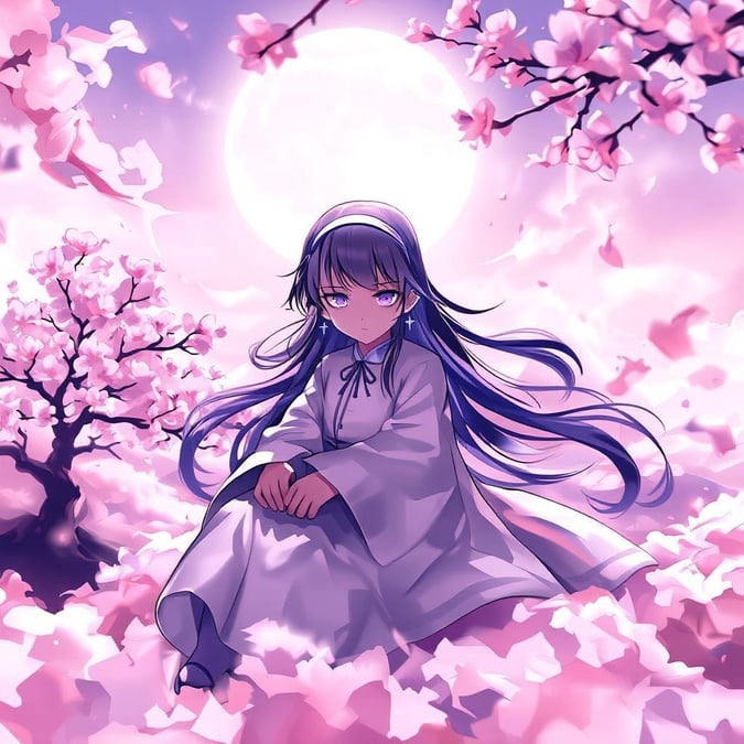 A serene anime-style scene featuring a young girl sitting on a cloud, surrounded by a soft pink blossom sky and a distant tree.