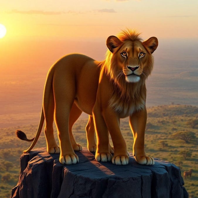 Simba, the young lion from Disney's 'The Lion King', stands majestically on a rocky outcropping with the sun rising in the background. The warm glow of the sun casts a beautiful light over Simba's regal figure, symbolizing his leadership and the promise of a new day.