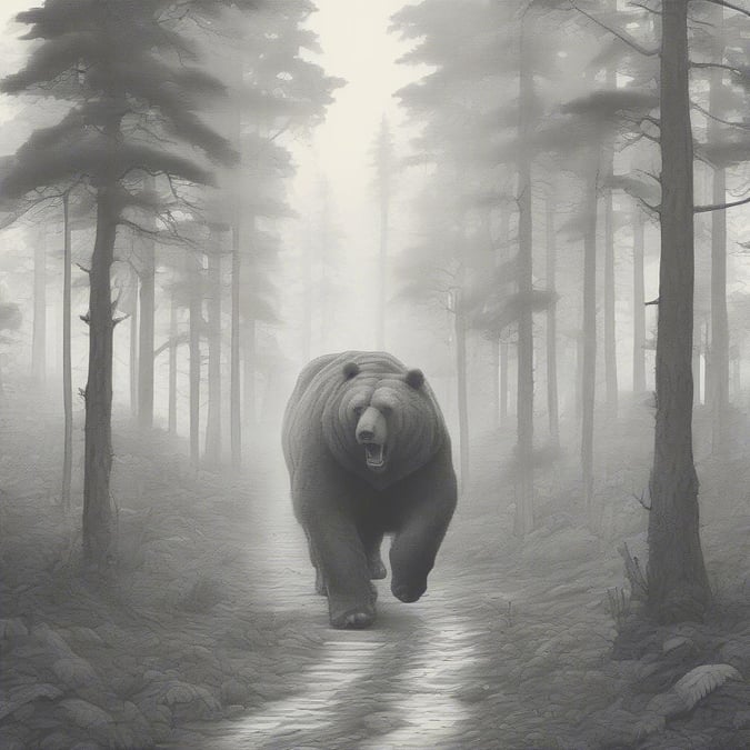 A powerful bear strolling through a misty forest, embodying the wild beauty and strength of nature.