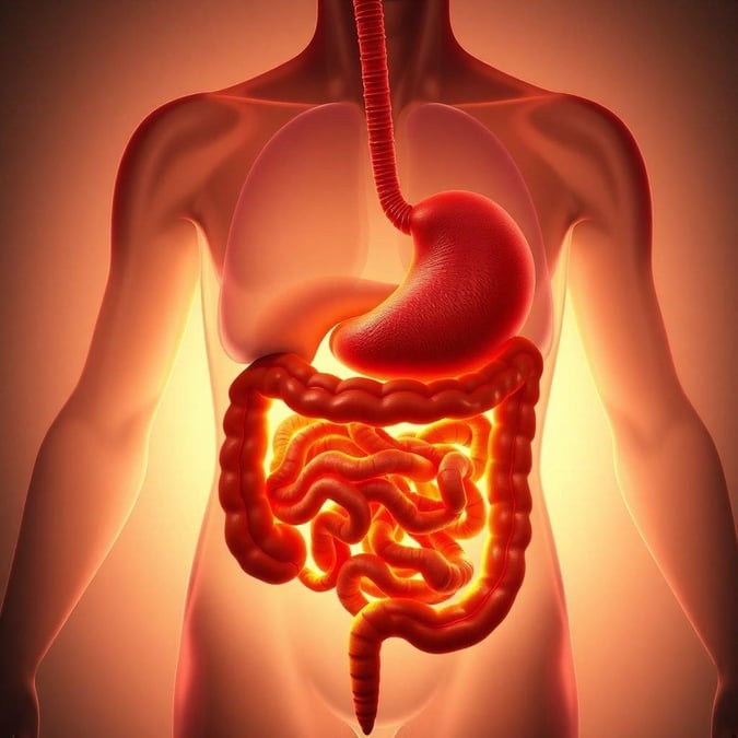 This image is a detailed illustration of the human digestive system, showcasing the intricate pathways through which food is broken down and absorbed by the body.