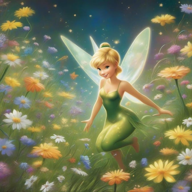 Tinker Bell, the beloved Disney character, is featured in this enchanting wallpaper, surrounded by a vibrant field of flowers.