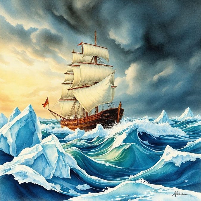 Explore the frozen seas with this nautical adventure scene featuring a majestic sailing ship braving through chilling waters amidst the grip of icy winds.