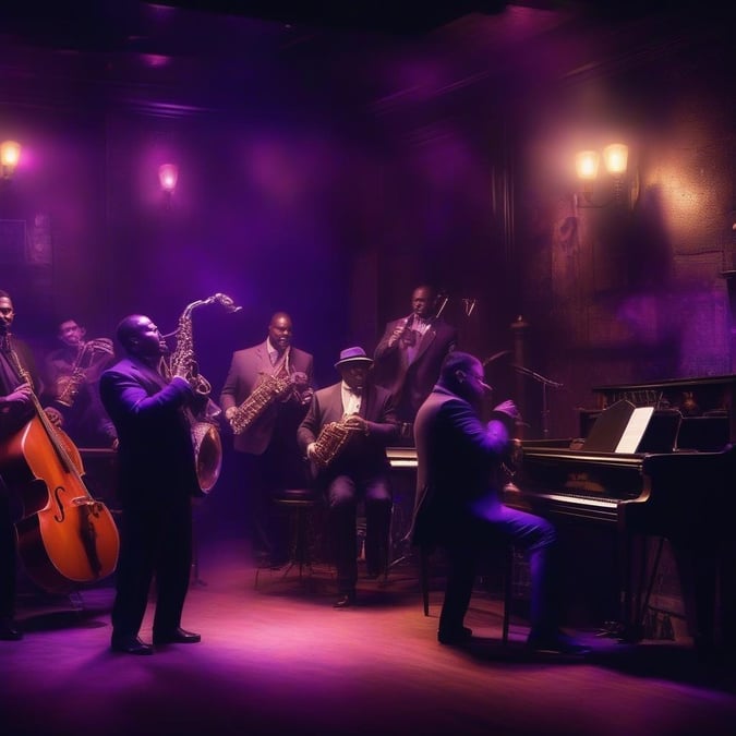 This captivating scene showcases a group of musicians passionately playing in a dimly lit room, evoking the warmth and energy of jazz music.