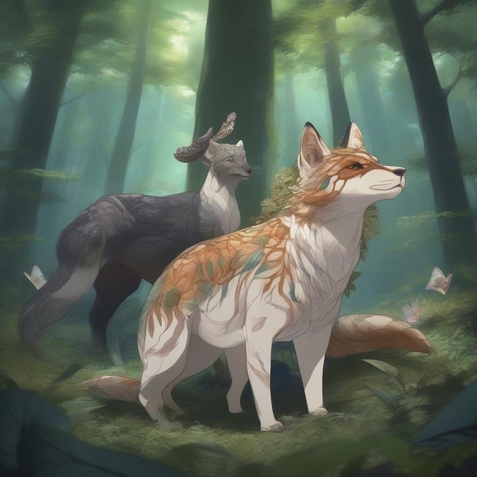 Two magical anime characters, a majestic wolf and a wise goat, share the serene beauty of a mystical forest.