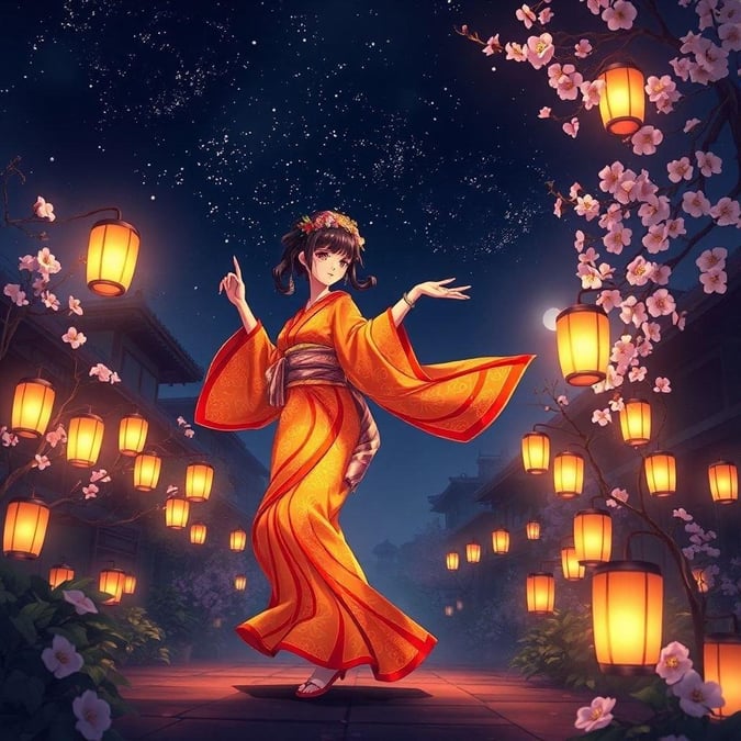 A captivating anime-style illustration of a geisha in motion, set against a starry night sky. The geisha's vibrant orange and yellow body stands out against the dark background, surrounded by a garden of glowing lanterns.