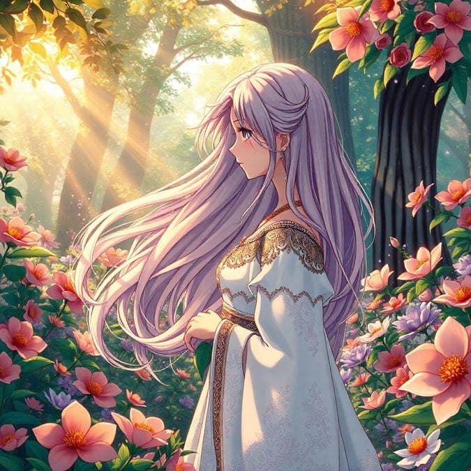 Enjoy the tranquility of this anime princess immersed in a magical garden. Her cascading hair adds a touch of mystery to her serene presence, surrounded by lush flowers and intricate details in her attire.