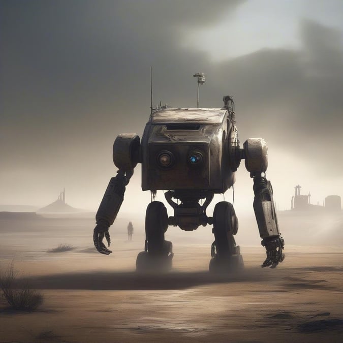 A lone robot stands in the desert, with a small figure in the distance.