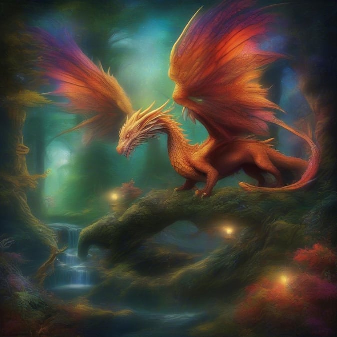 This fantasy wallpaper features a majestic dragon standing on a tree branch over a stream in a lush forest setting.