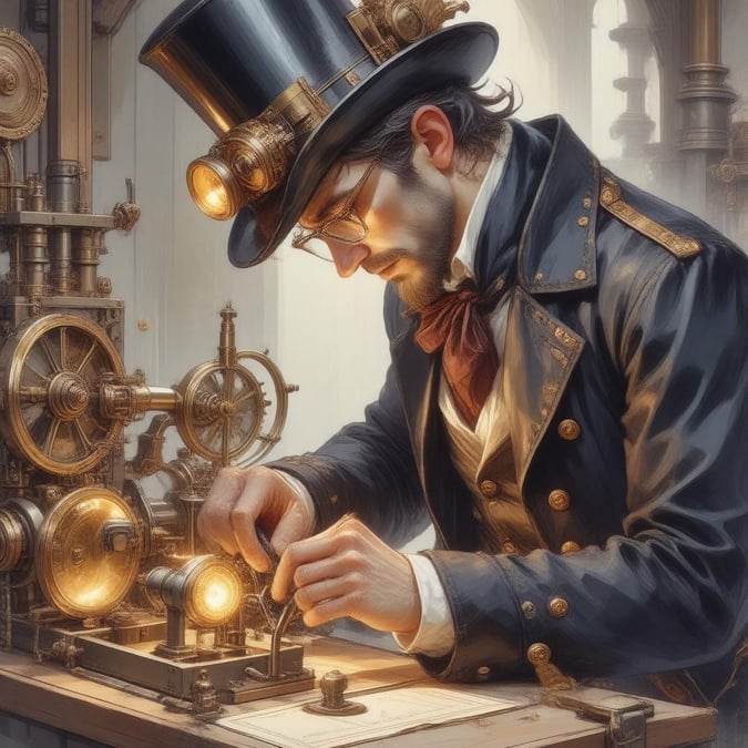 Gør dig klar til at blive fascineret af denne fantastiske steampunk-inspirerede tapet, der viser en strålende opfinder, der arbejder hårdt på en kompleks urværksmaskine. Den svagt belyste baggrund tilføjer til den anime-lignende atmosfære, hvilket gør dette billede perfekt til fans af science fiction og fantasy.